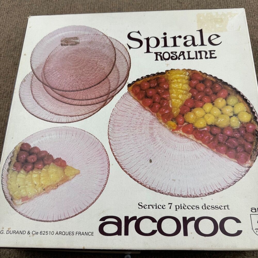 Vintage Arcoroc Spirale Roseline 7 pc Dessert Set In Box